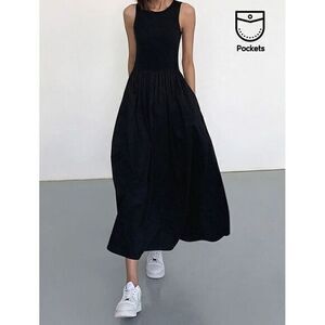 Commense Black Sleeveless Maxi Dress with Pockets Casual Chic Versatile Size XS